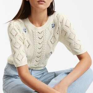 La Redoute Collections Ivory Short Sleeve Knit Floral Jumper Sweater Medium